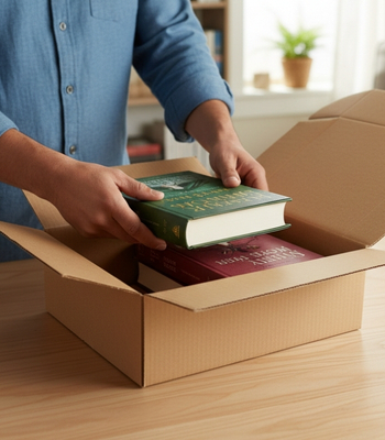 Mann packt Buch in Karton um Bücher zu versenden